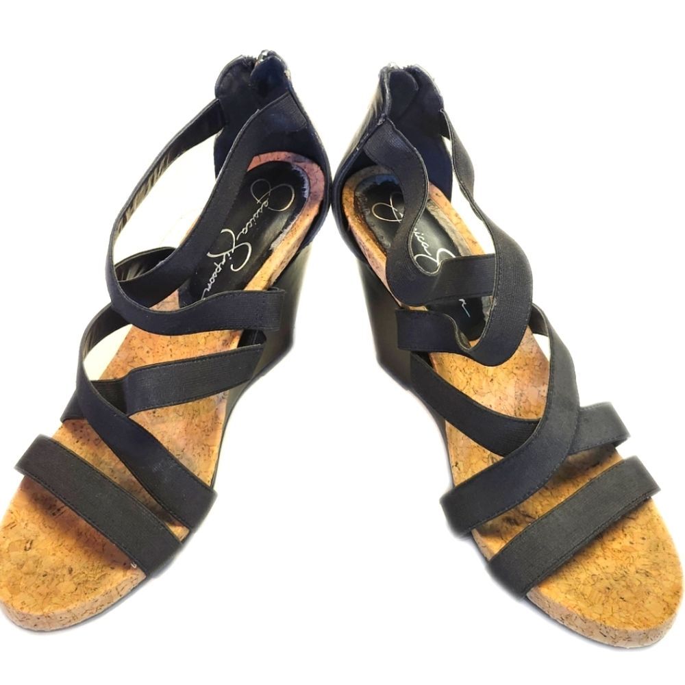 Jessica Simpson Cork Wedge Black Faux Leather Strappy Sandals, Back Zip, 9.5